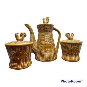 Japan Ceramic Basket Weave Rooster Coffee, Jelly and Jam Farmhouse Kitchen Set🐓
